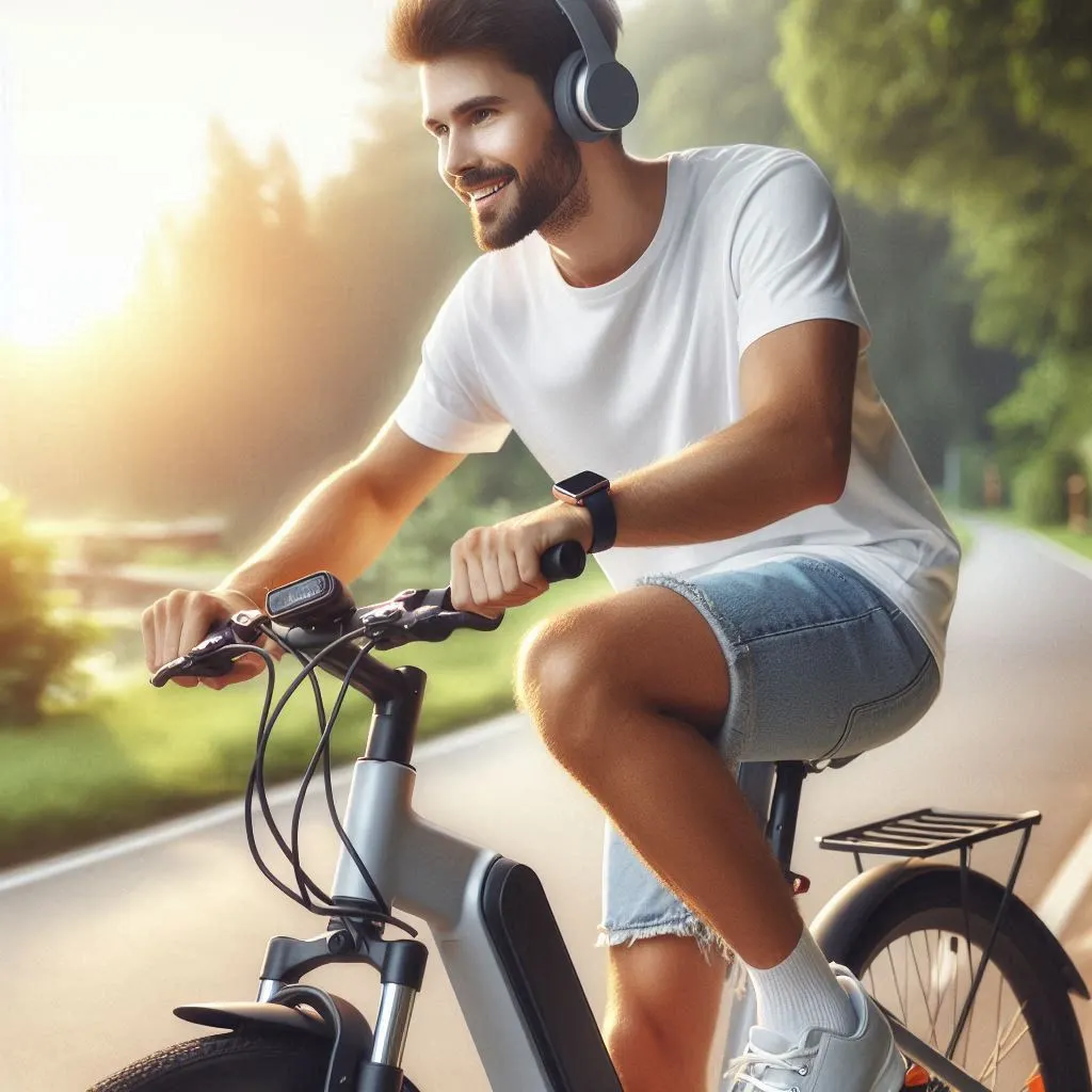 A young man riding an electric-bicycle.